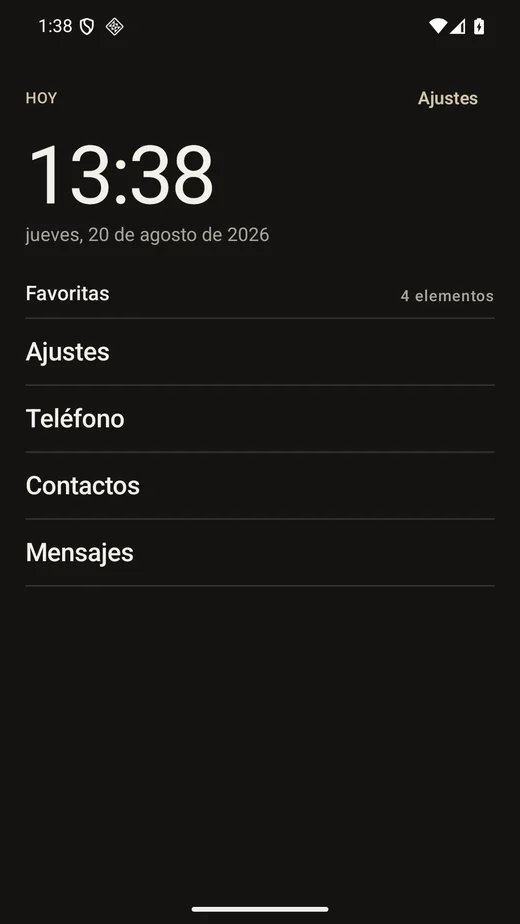 Pantalla de inicio de Minus con la hora, la fecha y una lista breve de aplicaciones favoritas
